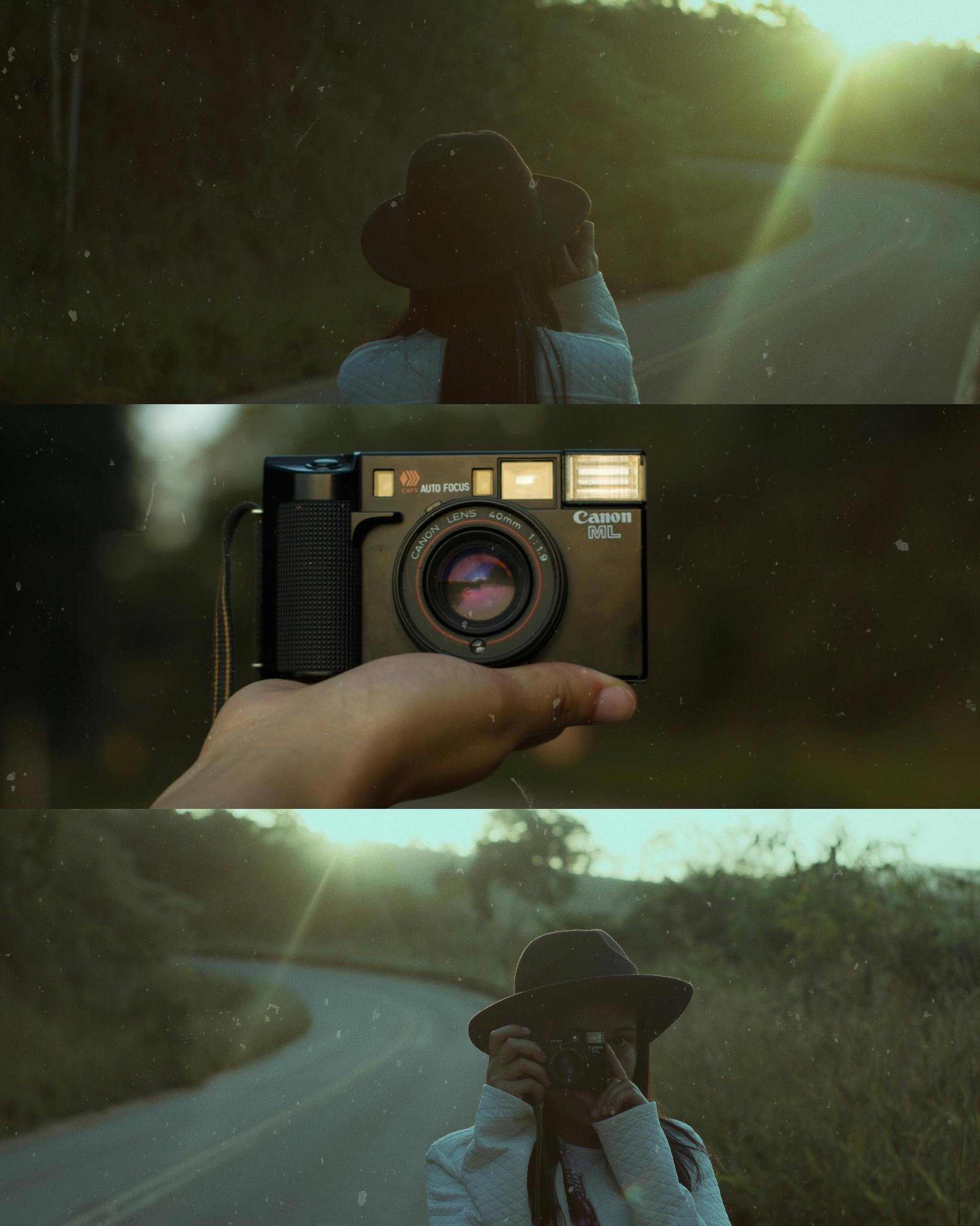 A woman takes photos in a serene outdoor setting using an analog camera.