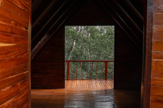 A tranquil wooden cabin interior leading to a forest-view balcony, ideal for nature retreat.