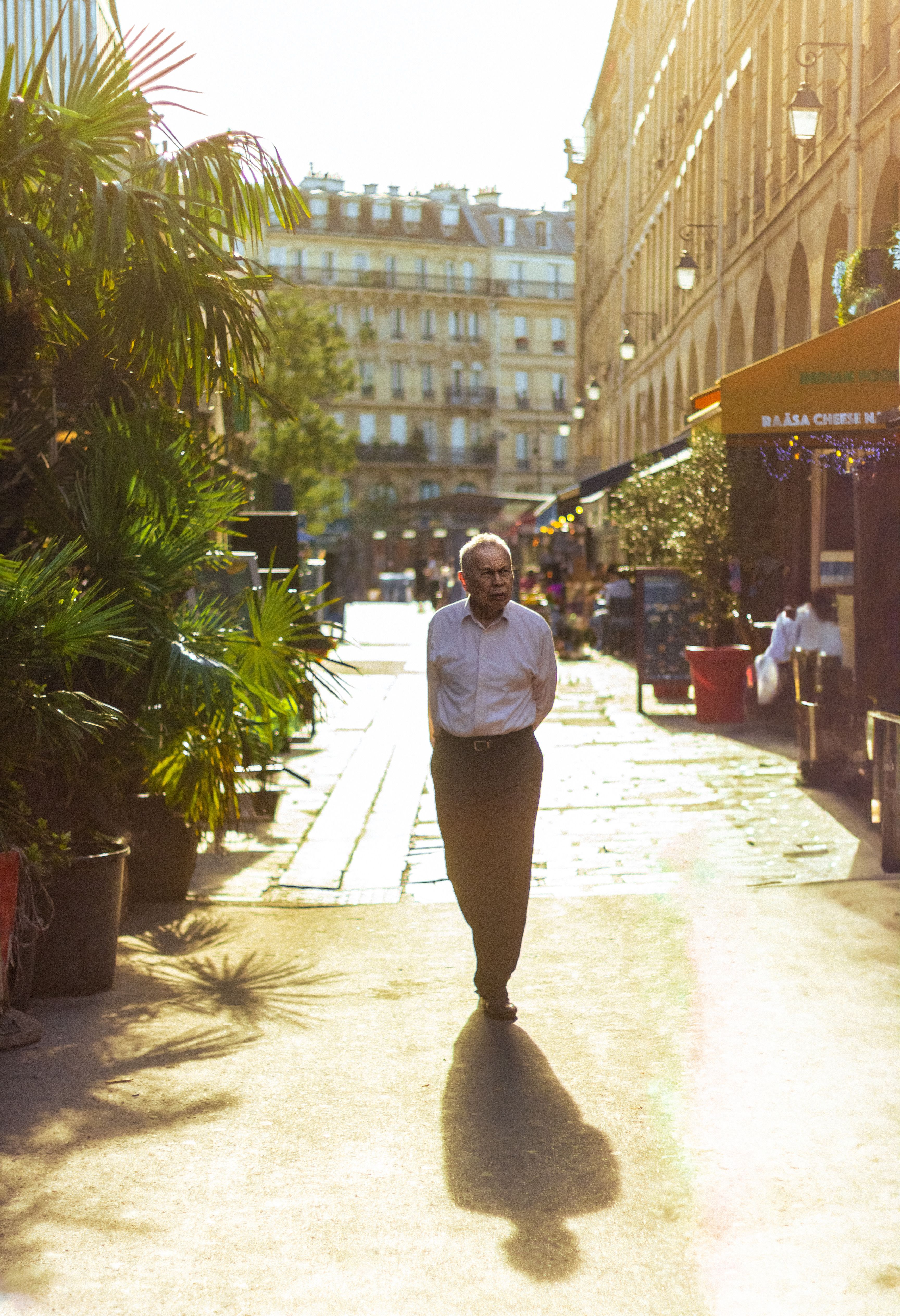 An adult man walks down a sunlit Parisian street, surrounded by urban architecture and greenery.
