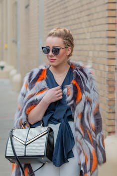 Elegant urban fashion with a bold fur coat and designer sunglasses in New York City.