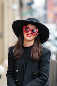 Stylish woman in black and red fashion on New York City street.