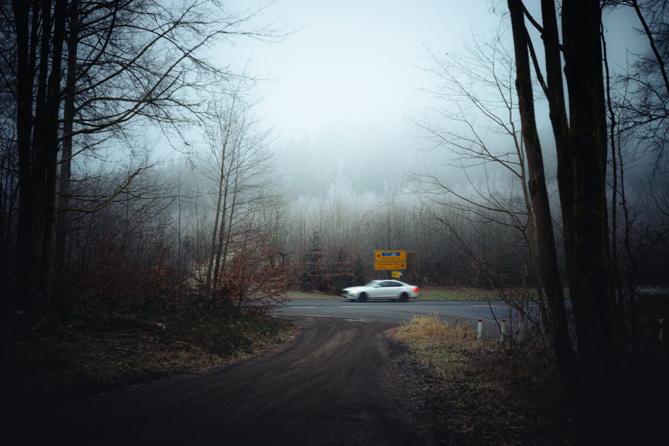 A car passes through a foggy forest road, creating an atmospheric scene.