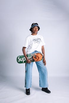 Fashionable young woman wearing casual outfit holding skateboard in studio setting.