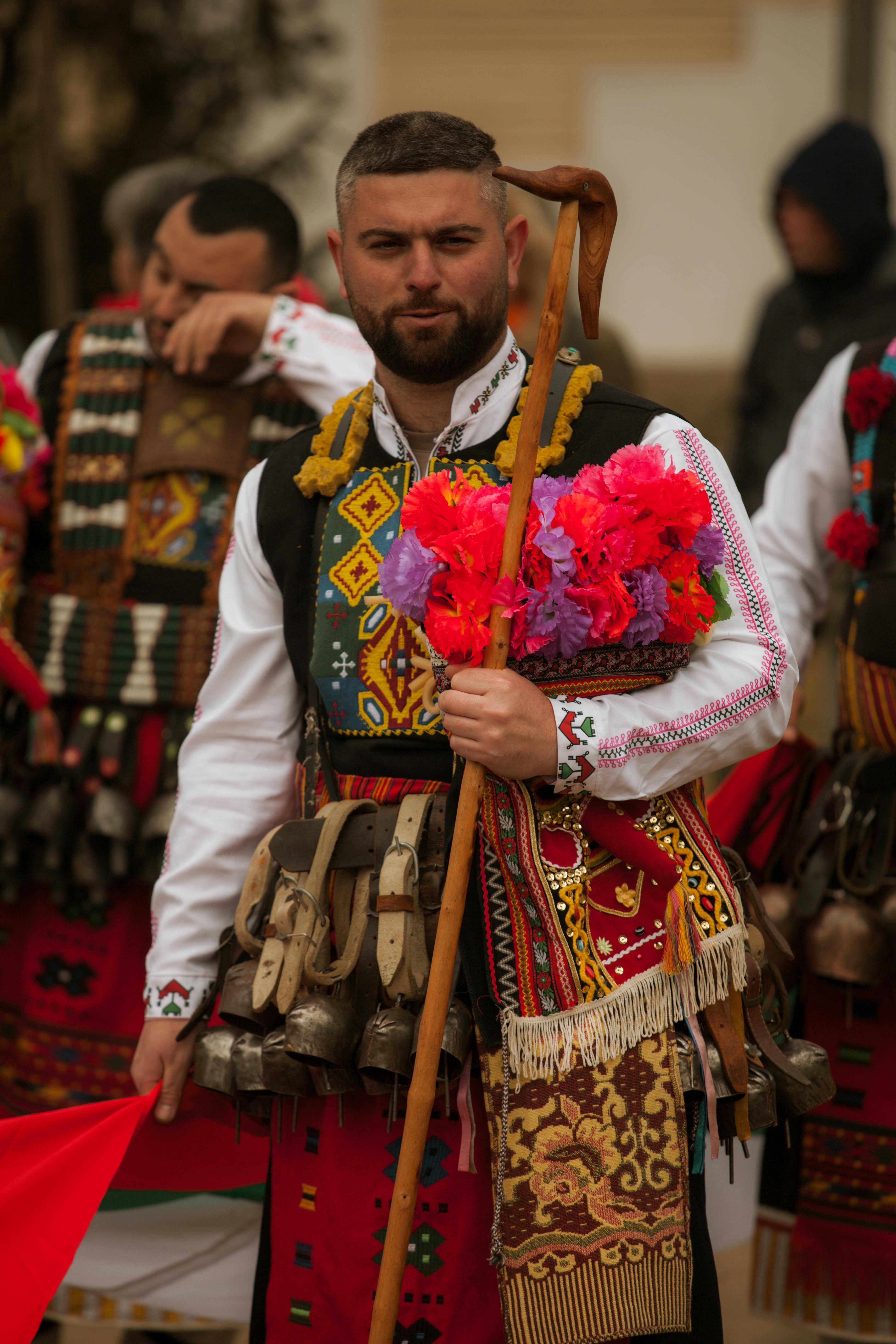 Colorful Kukeri costumes and ritual in Pernik, Bulgaria's Surva Festival.