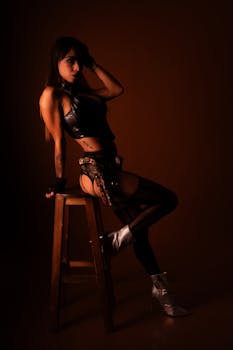 A young woman in steampunk cosplay with artistic makeup and silver boots sitting on a stool.