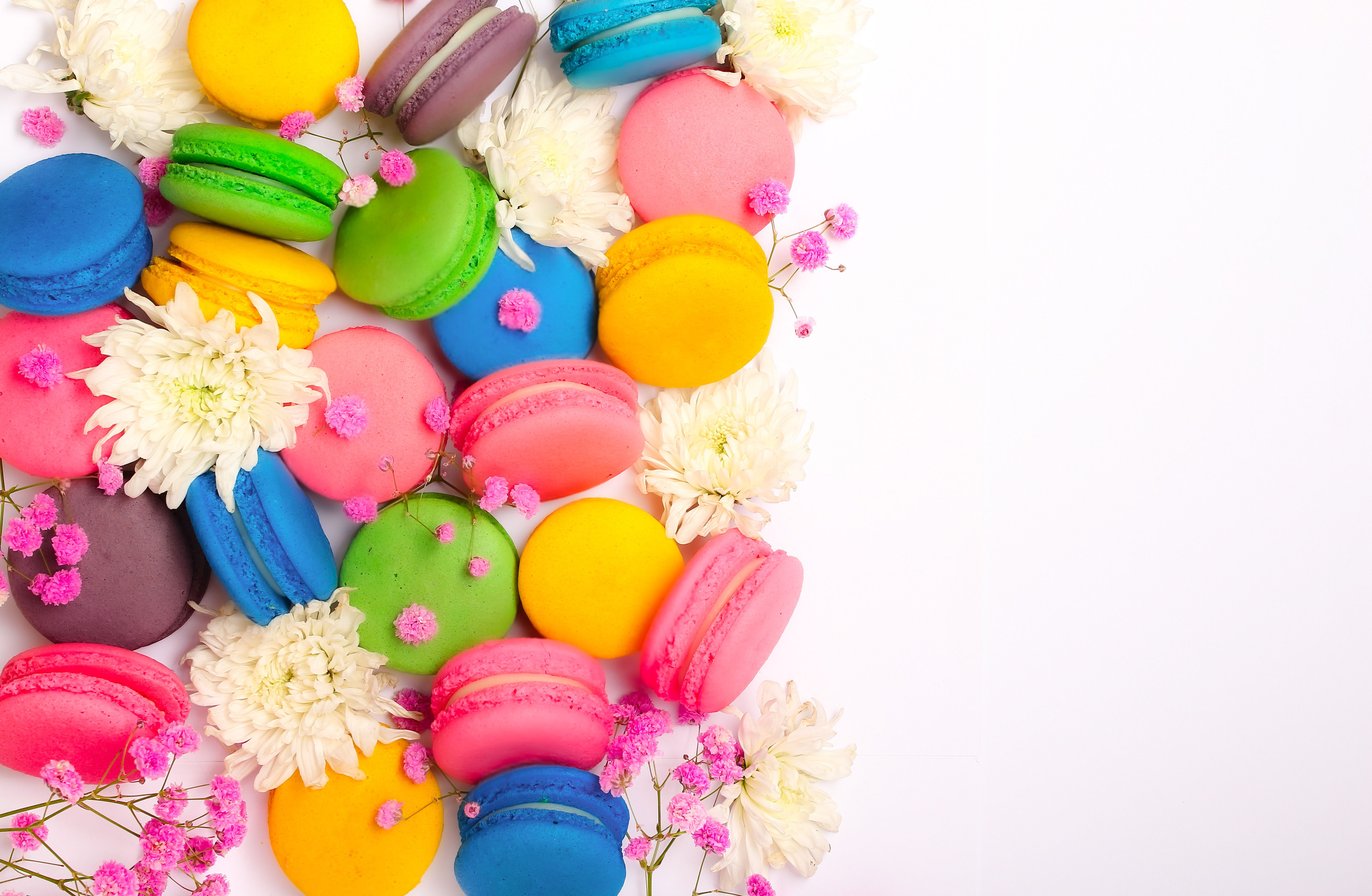 Vibrant macarons and fresh flowers on a white surface. Perfect for dessert themes.