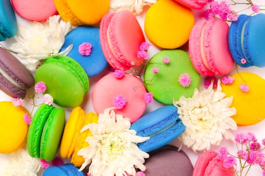 A vibrant display of colorful macarons surrounded by delicate flowers on a bright backdrop.