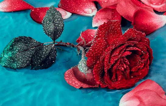 一朵红玫瑰的特写镜头中，露珠点缀在充满活力的蓝色表面上，营造出引人注目的视觉冲击力