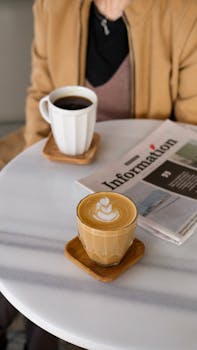 Two coffee cups on a café table with a newspaper, creating a cozy atmosphere.