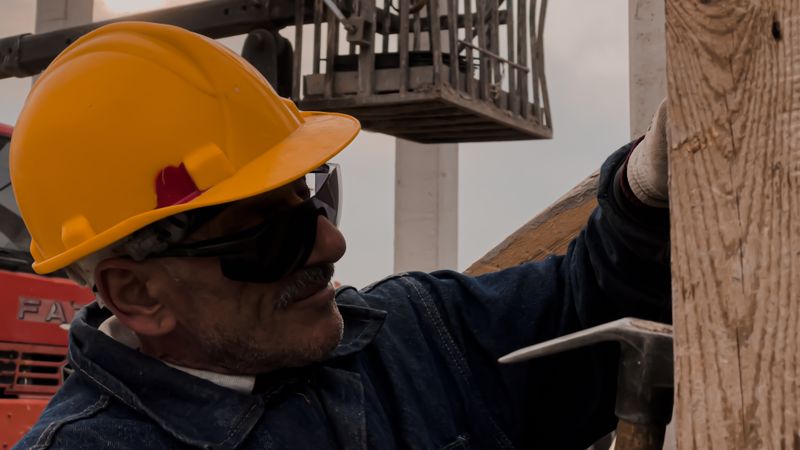 Bauarbeiter mit Schutzhelm und Schutzbrille auf der Baustelle