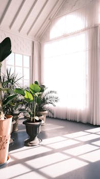 Lush potted plants in a sunlit white room with large windows and soft curtains.