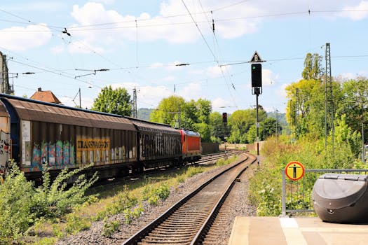 Freight train passes through a lush, green railway track on a sunny day.