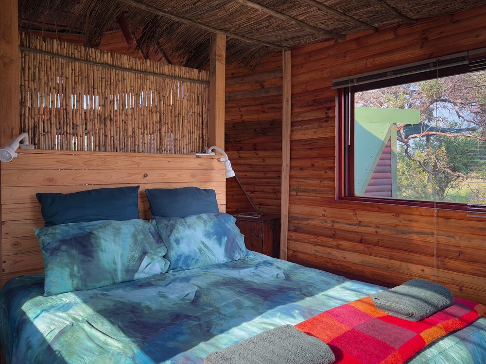 Cozy rustic cabin bedroom with warm wood textures