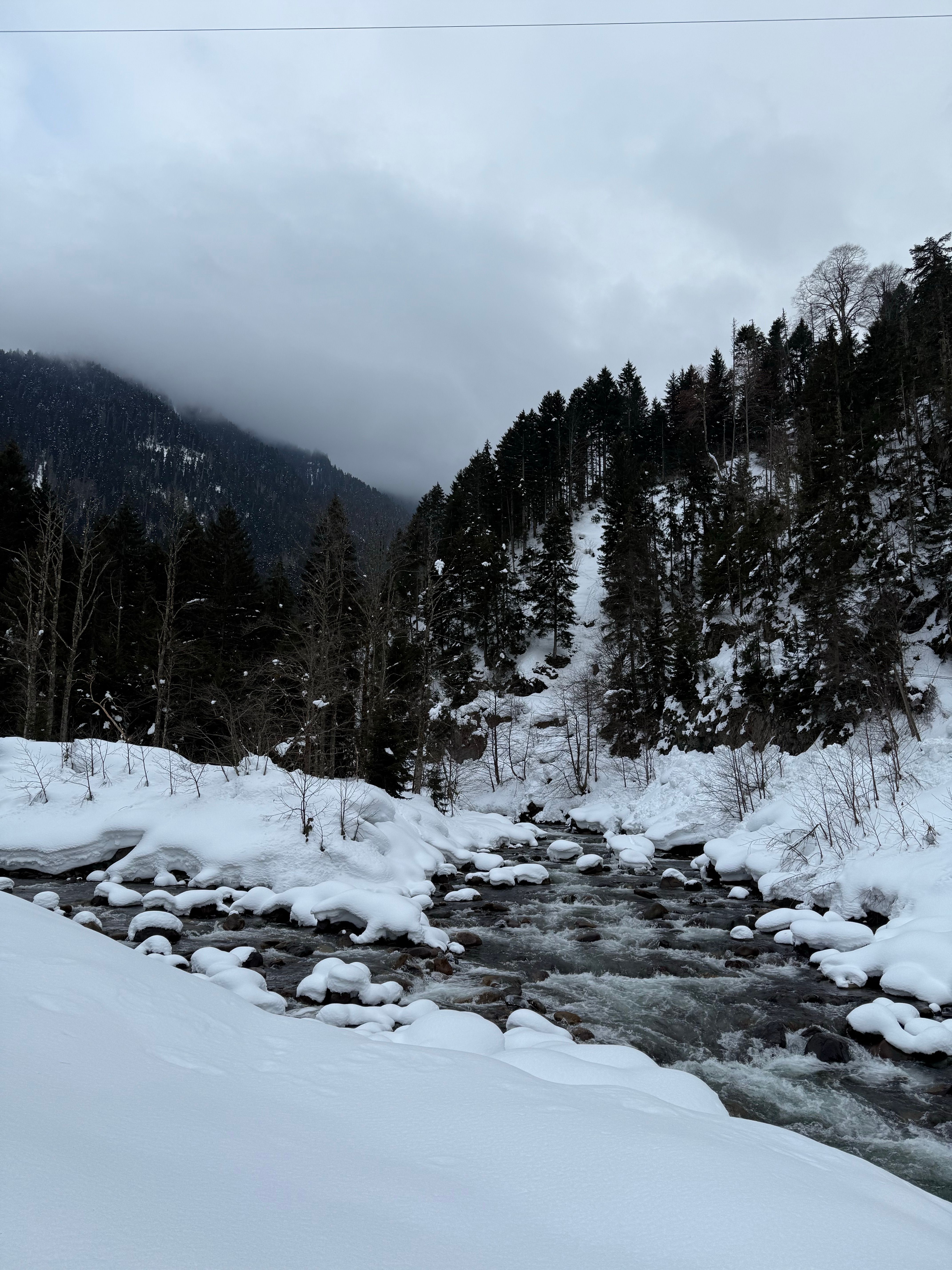 Serene Winter Landscape with Snowy River · Free Stock Photo