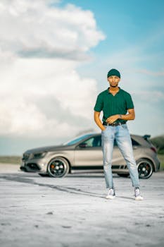 Young man in casual attire standing confidently next to a parked car with a sunny sky backdrop.