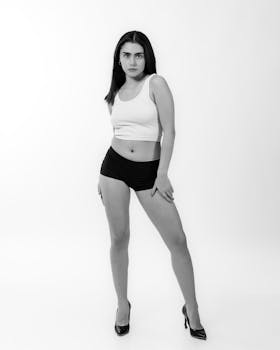 Elegant black and white portrait of a woman posing confidently in studio setting.