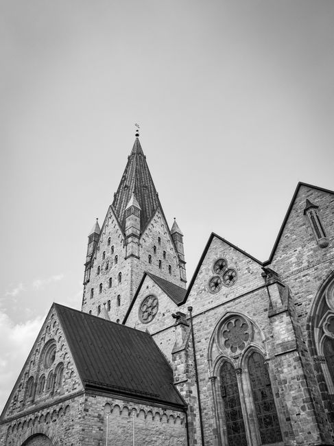 Black and white photo showcasing Gothic architecture of a historic church in Paderborn, Germany.