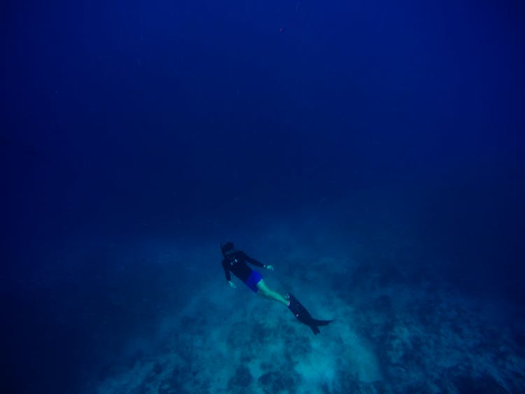 Person Scuba Diving Underwater Deep Sea Water