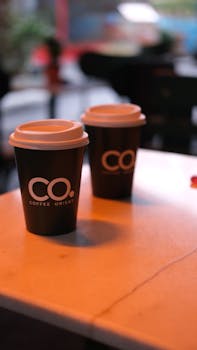 Two Coffee Orient paper cups on a cafe table, warm ambiance.