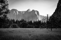 优胜美地山谷的悬崖和松树林，在黑白之间呈现出令人叹为观止的景象