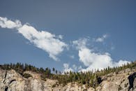 蔚蓝的天空下，郁郁葱葱的松树映衬着令人惊叹的岩石山脉景观