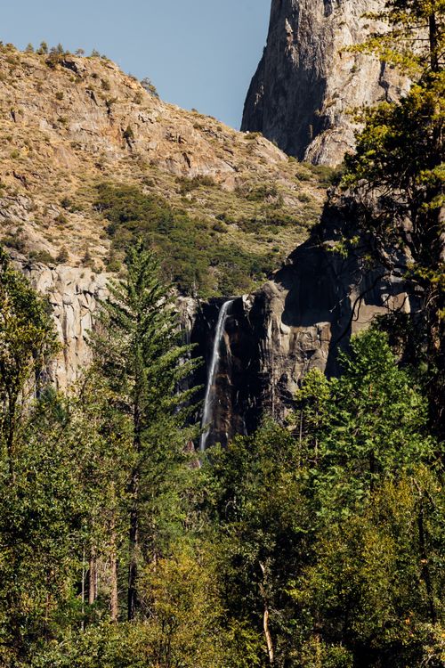 Free A stunning waterfall cascading down the cliffs in Yosemite National Park during summer. Stock Photo