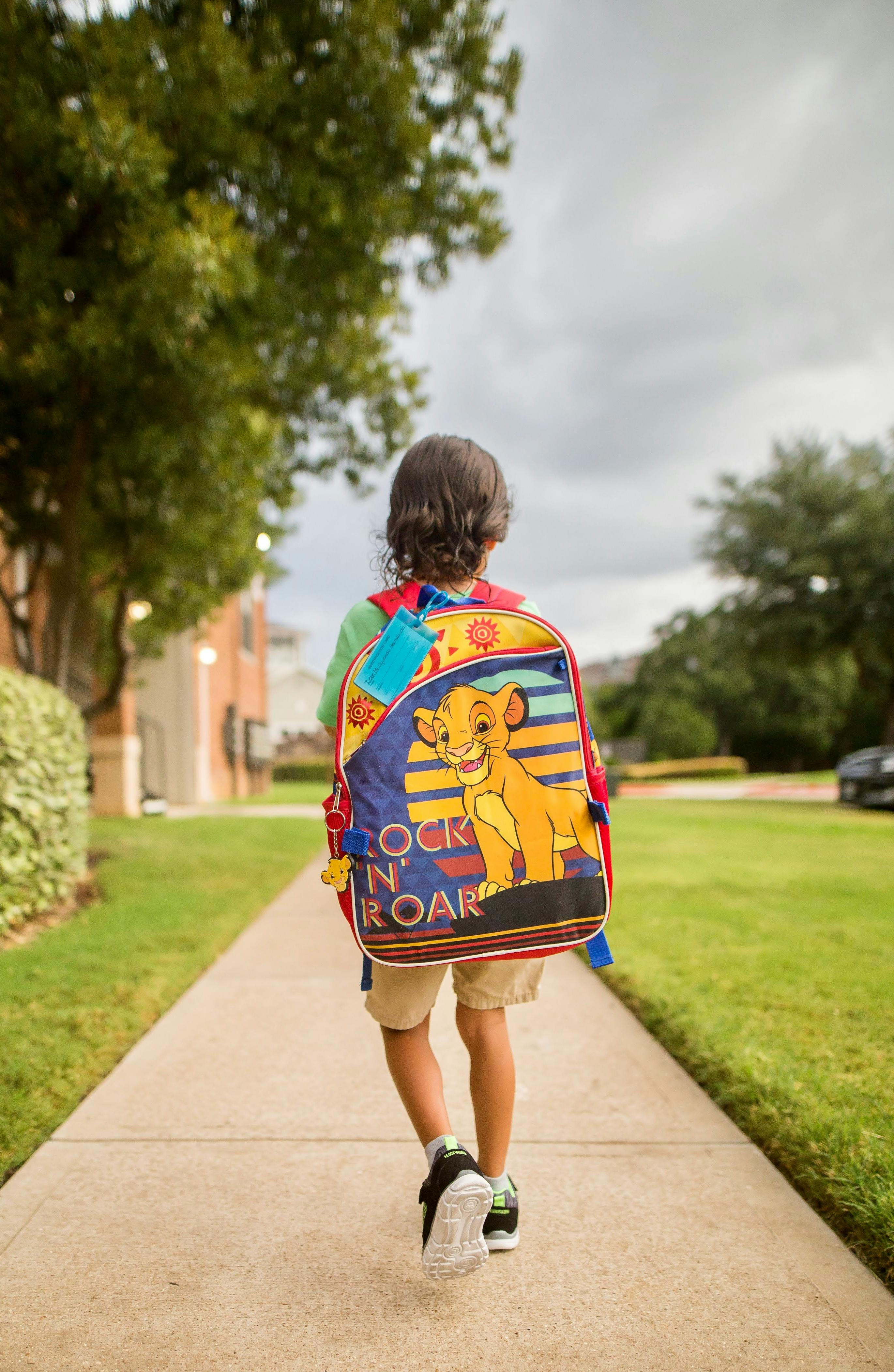 Boy Walking On Paved Pathway Wearing Backpack Free Stock Photo