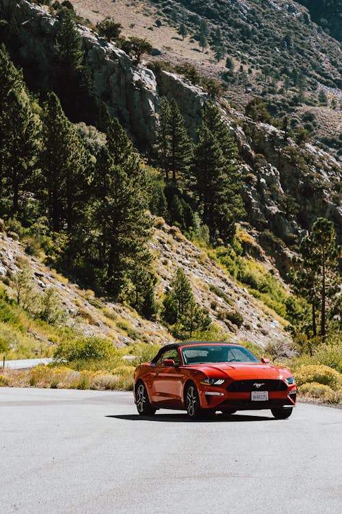 Rotes Ford Mustang Coupé Auf Der Straße Durch Die Berge