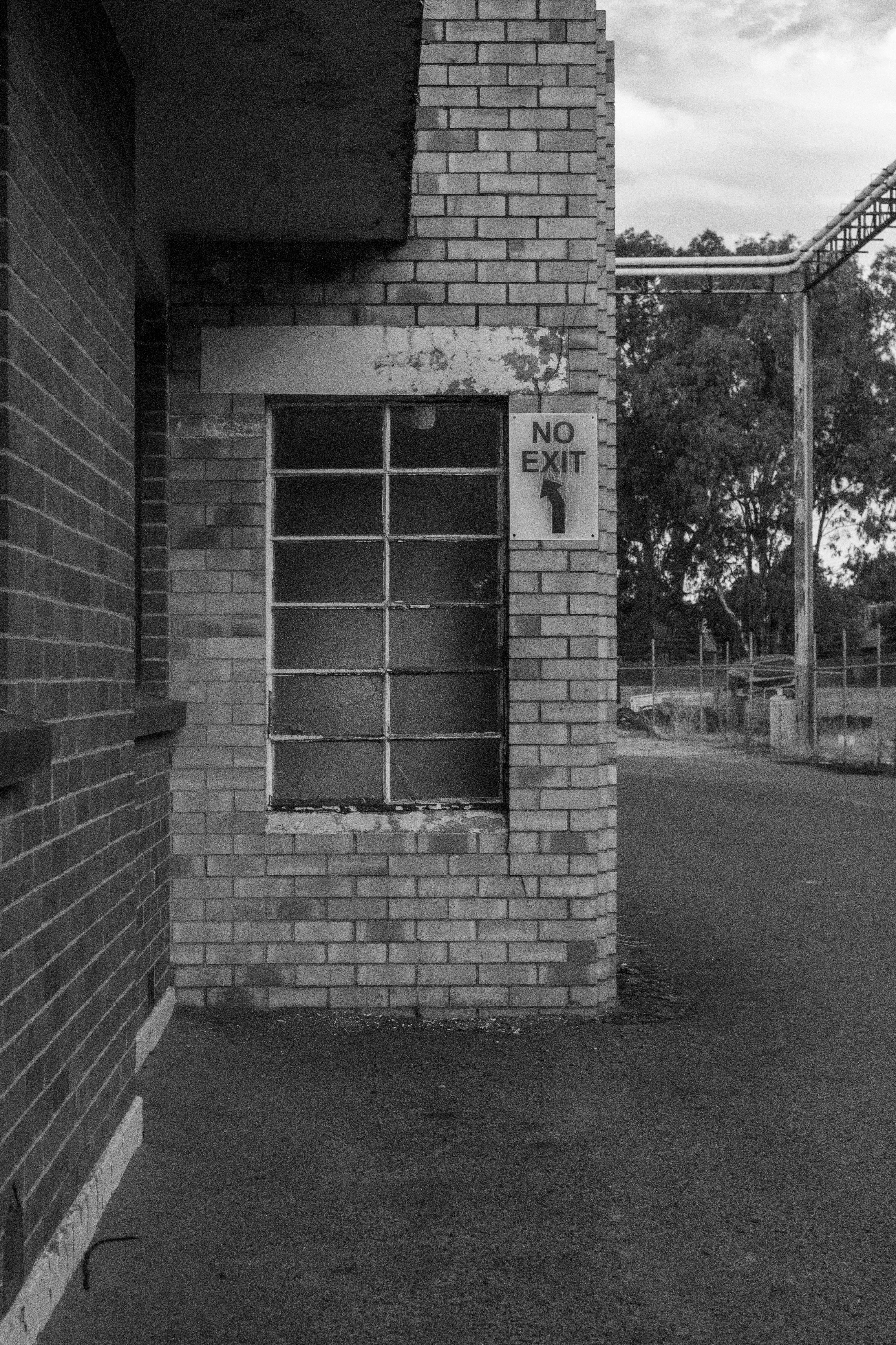 bezplatná Opuštěná městská scéna s cihlovou zdí s nápisem „No Exit“ natočená černobíle. Základová fotografie