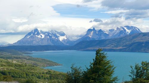 Free Breathtaking landscape view of Torres del Paine National Park's mountains and lake. Stock Photo