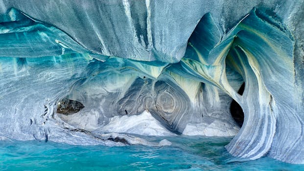Beautiful marble caves formations in Patagonia with turquoise waters below, Chile.