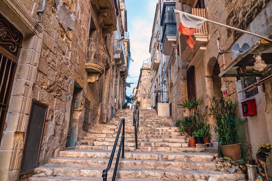 Map view of Valletta highlighting steep streets and staircases in Malta