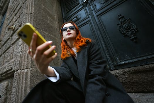 Fashionable woman with red hair taking a selfie outdoors in urban setting.