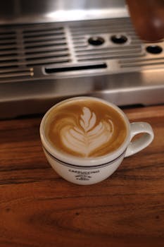 Beautiful latte art cappuccino on wooden counter, perfect for coffee enthusiasts.