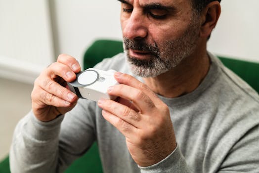 Adult man examining a medical device indoors, focused on health monitoring.