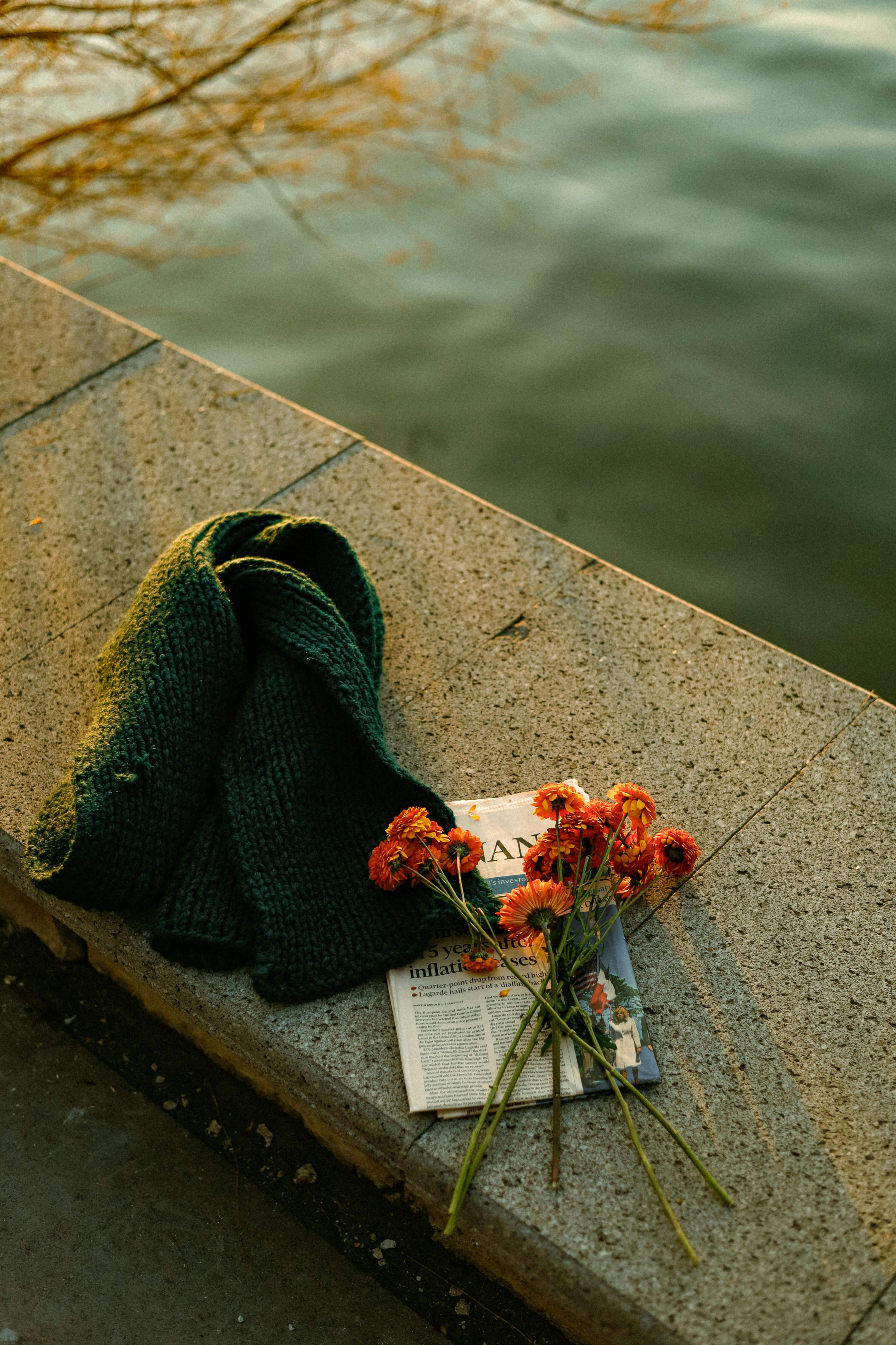 Autumn vibe with a knitted scarf and vibrant flowers on stone ledge by water.