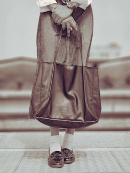 Fashionable leather tote bag paired with denim skirt and loafers, ideal for urban chic style.