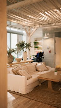 Inviting living room with rustic decor and cozy seating, perfect for relaxing.