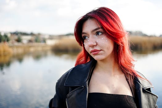 Portrait of a red-haired woman outdoors, wearing a leather jacket by a lake.