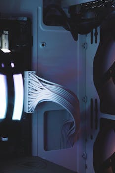 A detailed view of a computer's interior components and wiring.