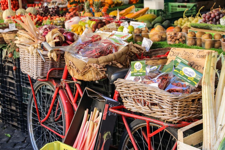 Assorted  Fruits And Vegetables In Baskets For Sale In The Fruit Market