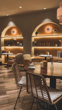 Warm and inviting cafe interior in Barcelona, showcasing elegant decor and comfortable seating.