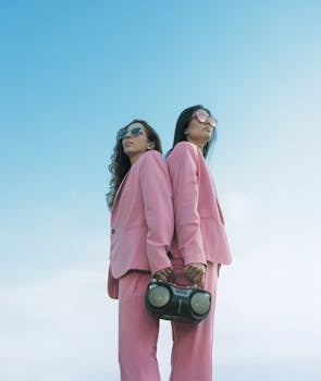 Two stylish women in pink suits holding a boombox, standing against a clear blue sky.