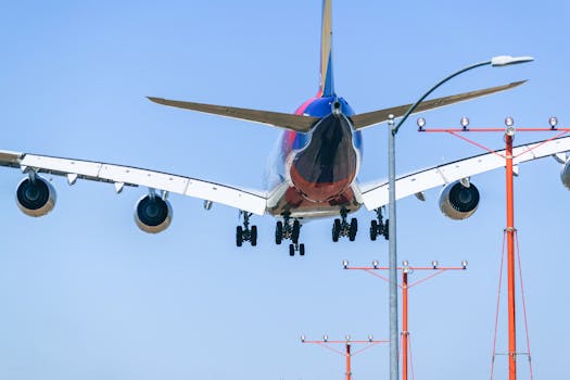 Passenger airplane approaching runway during daytime landing with clear blue sky backdrop.