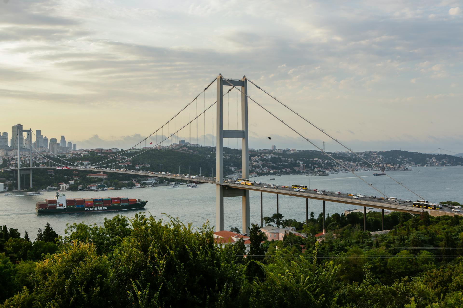 View of the Bosphorus Bridge and commercial ship in Istanbul, bridging Europe and Asia.