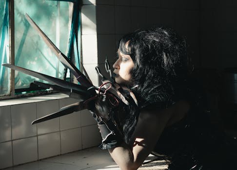 Eerie horror cosplay with scissors hand in dimly lit room, creating a chilling atmosphere.