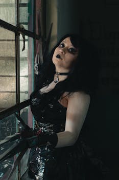 Gothic woman in dark makeup and attire by a window, creating a mysterious ambiance.