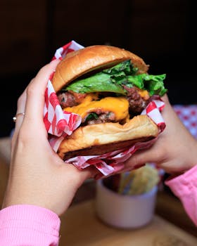 Mouthwatering cheeseburger with fresh lettuce and cheddar cheese, perfect for food enthusiasts.