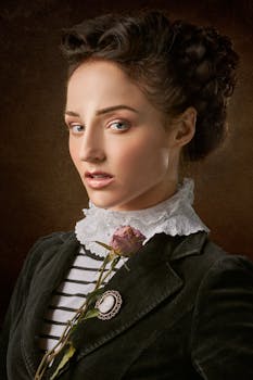 这幅经典的维多利亚时代肖像描绘了一位手持鲜花的女子，细节与造型都极为繁复