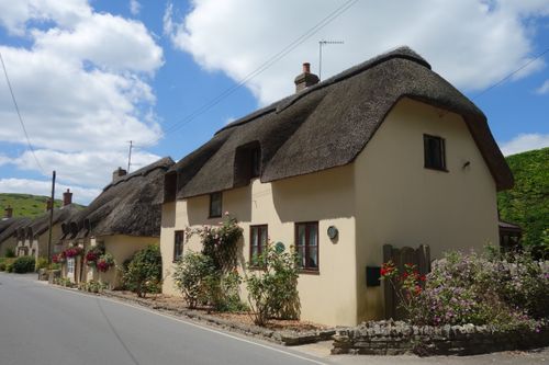 Free Picturesque row of traditional thatched roof cottages on a sunny day in rural England. Stock Photo